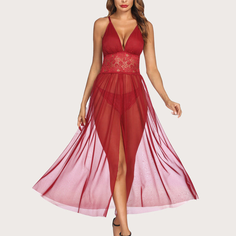 Burgundy lace maxi nightdress with mesh skirt and front slit. Avidlove lingerie for romantic nights.