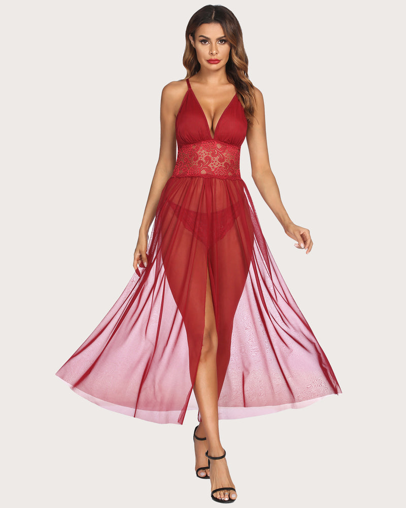 Burgundy lace maxi nightdress with mesh skirt and front slit. Avidlove lingerie for romantic nights.