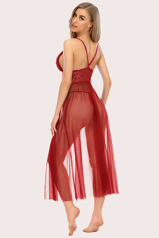 Red Lace Babydoll Maxi Nightwear, V-Neck, Spaghetti Straps, Mesh Skirt. Avidlove lingerie.