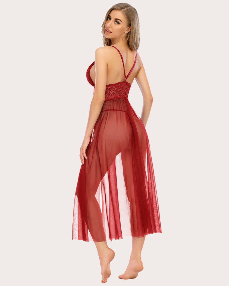 Red Lace Babydoll Maxi Nightwear, V-Neck, Spaghetti Straps, Mesh Skirt. Avidlove lingerie.