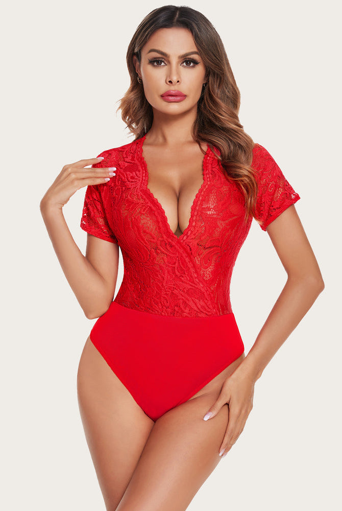Red lace deep V bodysuit, short sleeves, lace details. Sexy lingerie, show curves.