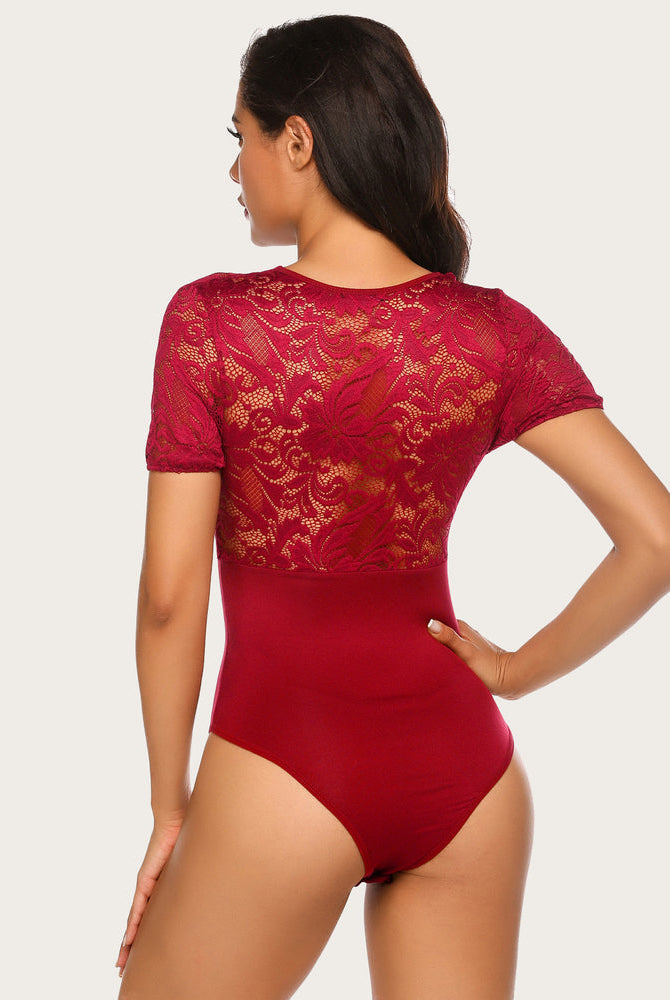 Burgundy lace bodysuit with lace back and short sleeves. Sexy lingerie for women, Avidlove.