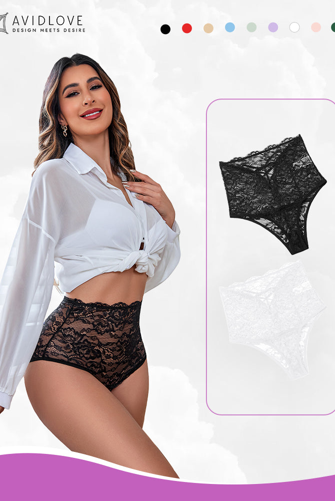 Black high-waisted lace hipster panties, semi-sheer design, women's lingerie. Avidlove.