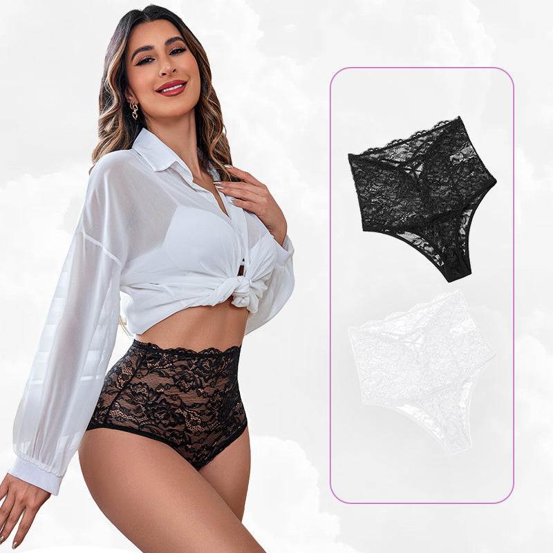 Black high-waisted lace hipster panties, semi-sheer design, women's lingerie. Avidlove.