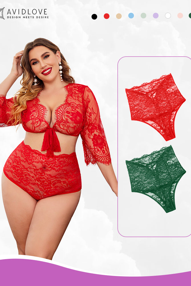 Red lace high-waisted hipster panties set, semi-sheer floral design, Avidlove lingerie for women.