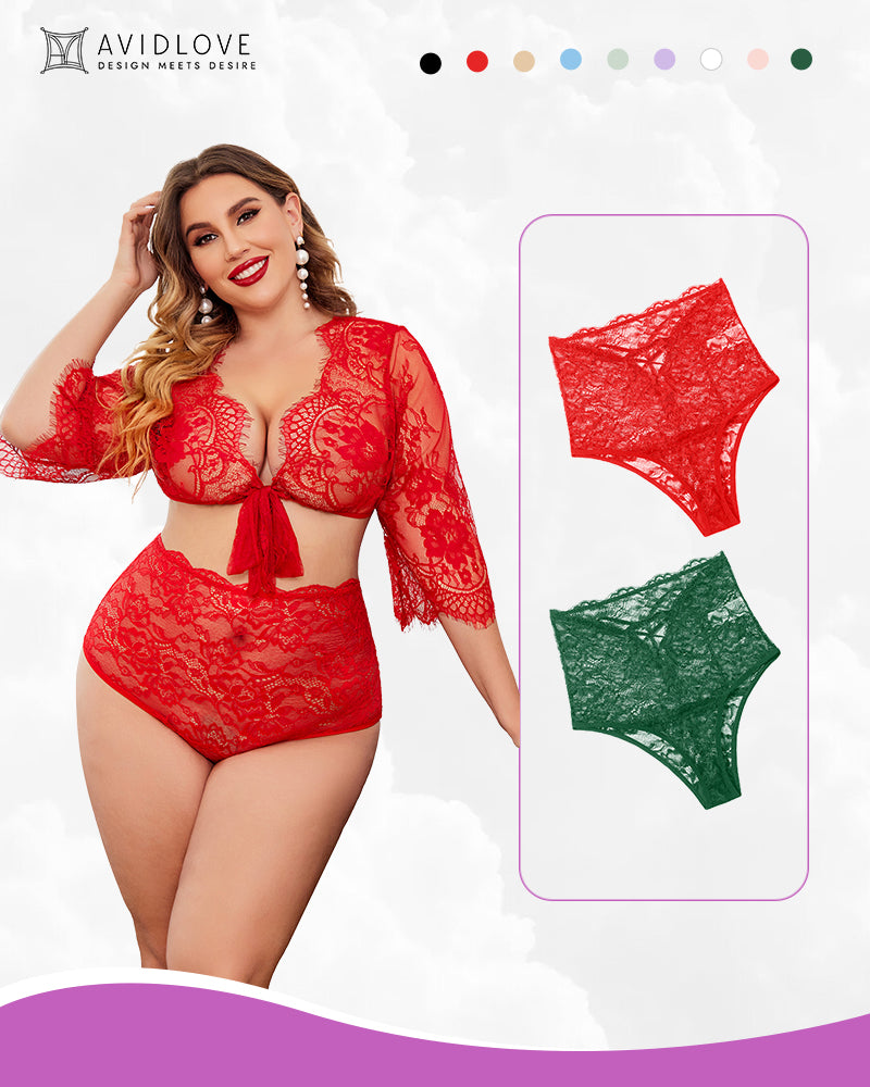 Red lace high-waisted hipster panties set, semi-sheer floral design, Avidlove lingerie for women.