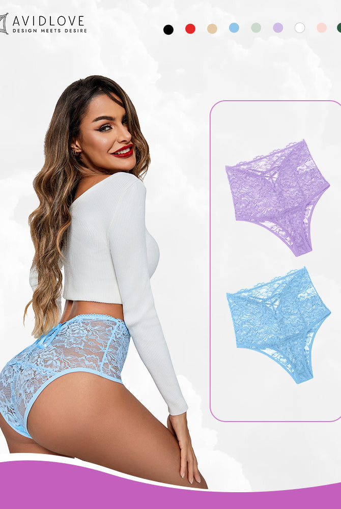 Avidlove floral lace high-waisted hipster panties in light blue. Semi-sheer lingerie for women.