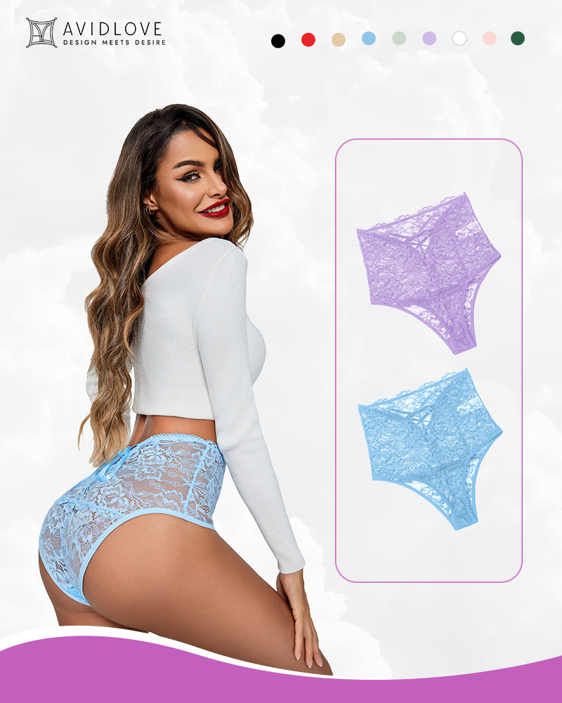 Avidlove floral lace high-waisted hipster panties in light blue. Semi-sheer lingerie for women.