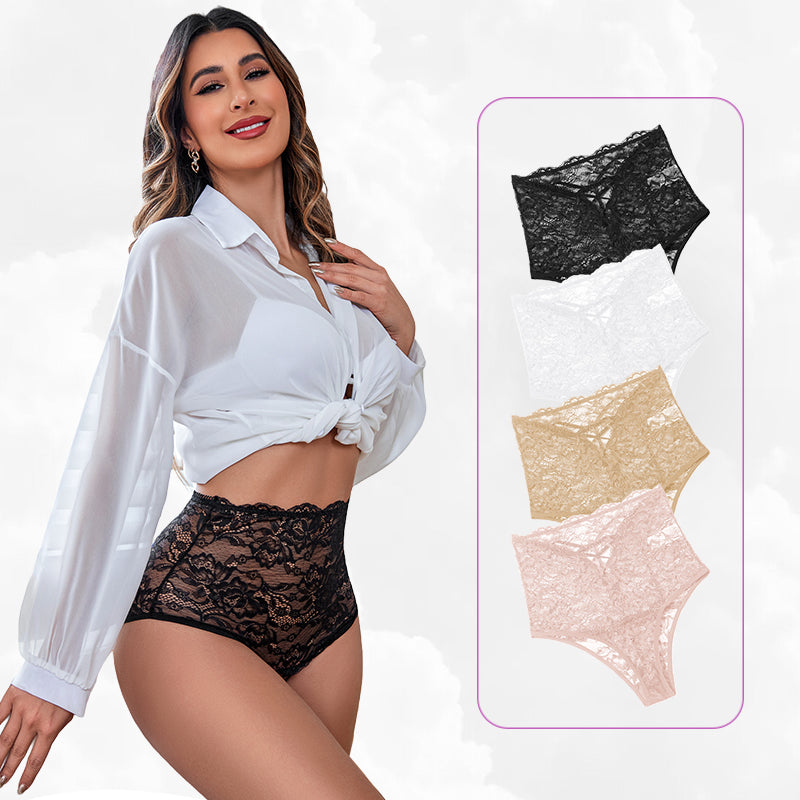 Avidlove high-waisted lace panties, semi-sheer floral design. Colors: black, white, beige, and pink.