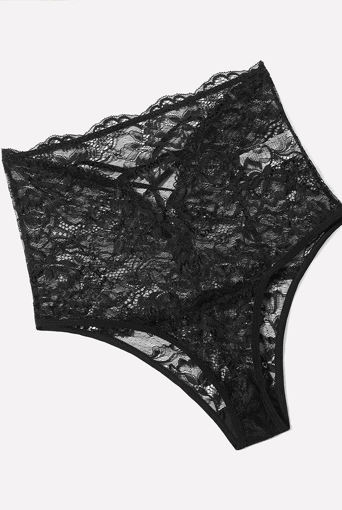 Black high-waisted lace hipster panties with semi-sheer floral design for women