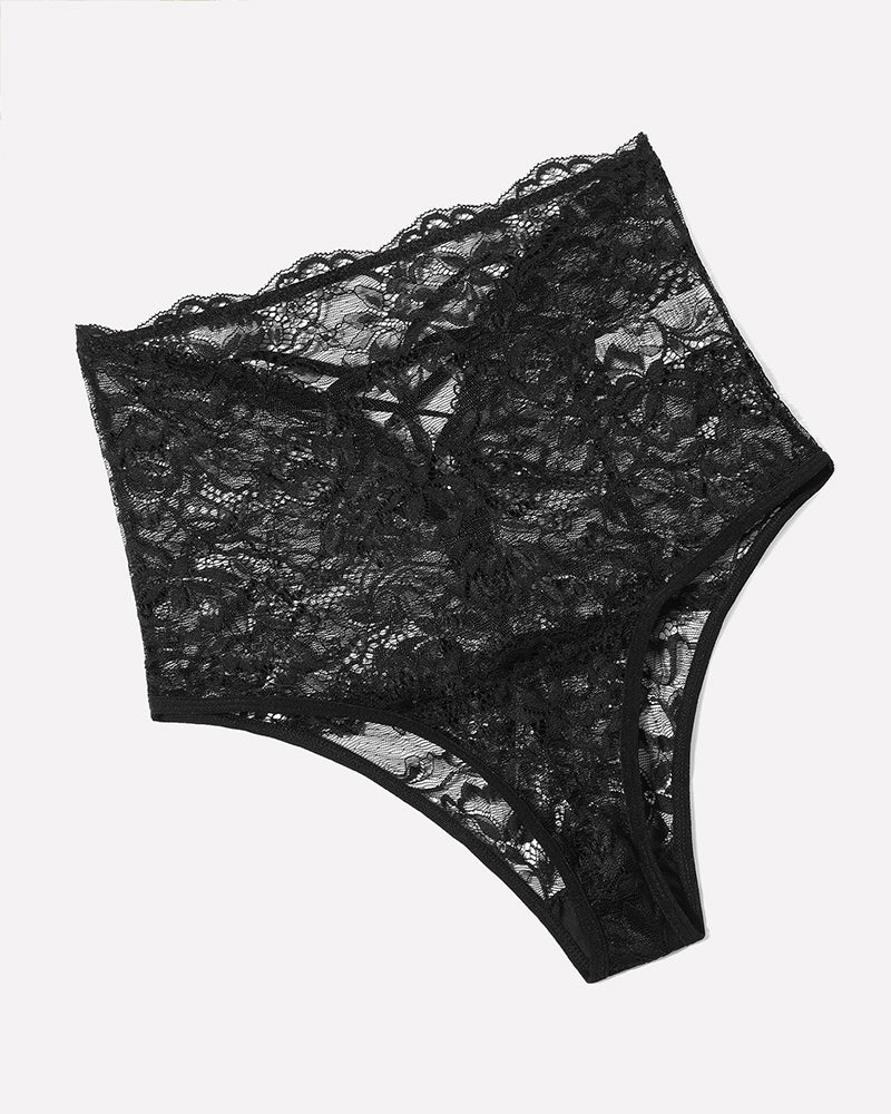 Black high-waisted lace hipster panties with semi-sheer floral design for women