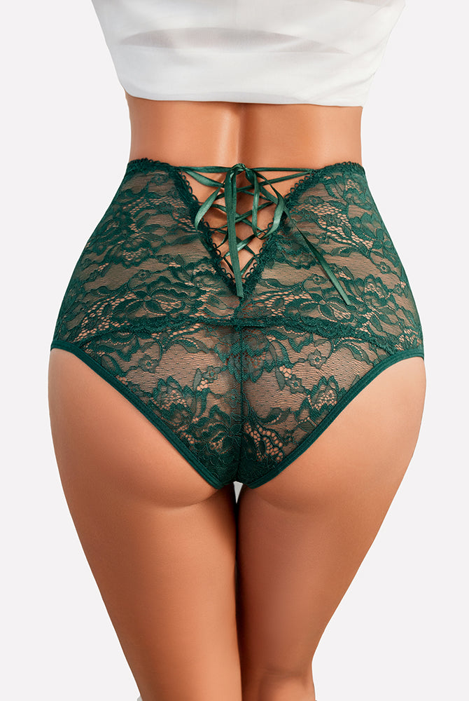 Emerald green lace hipster panties, high-waisted, ribbon back, semi-sheer floral lingerie.