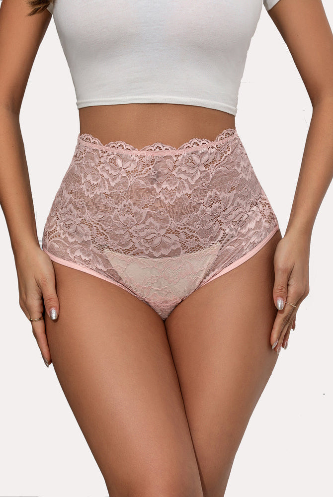 Pink floral lace high-waisted hipster panties, semi-sheer, comfortable lingerie