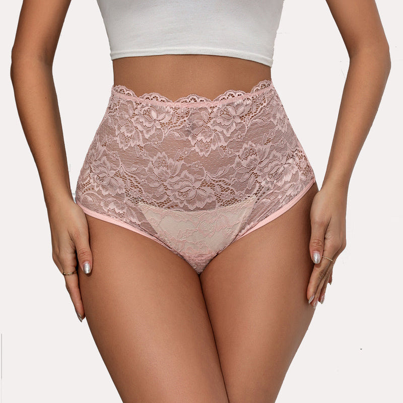 Pink floral lace high-waisted hipster panties, semi-sheer, comfortable lingerie