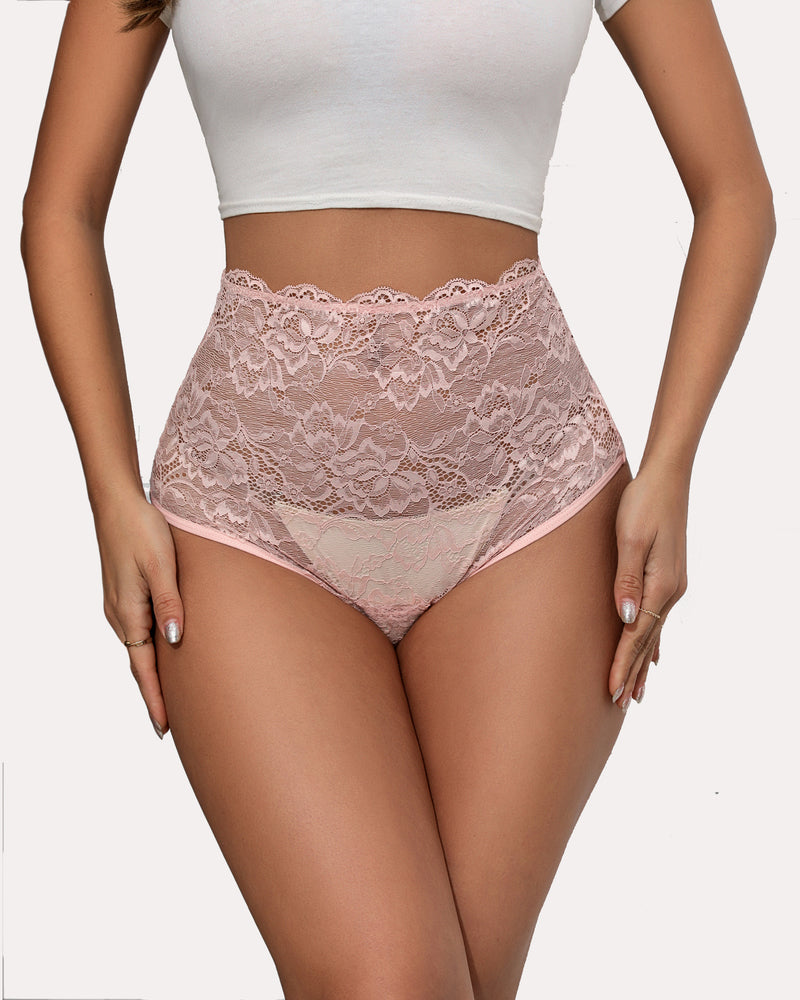Pink floral lace high-waisted hipster panties, semi-sheer, comfortable lingerie