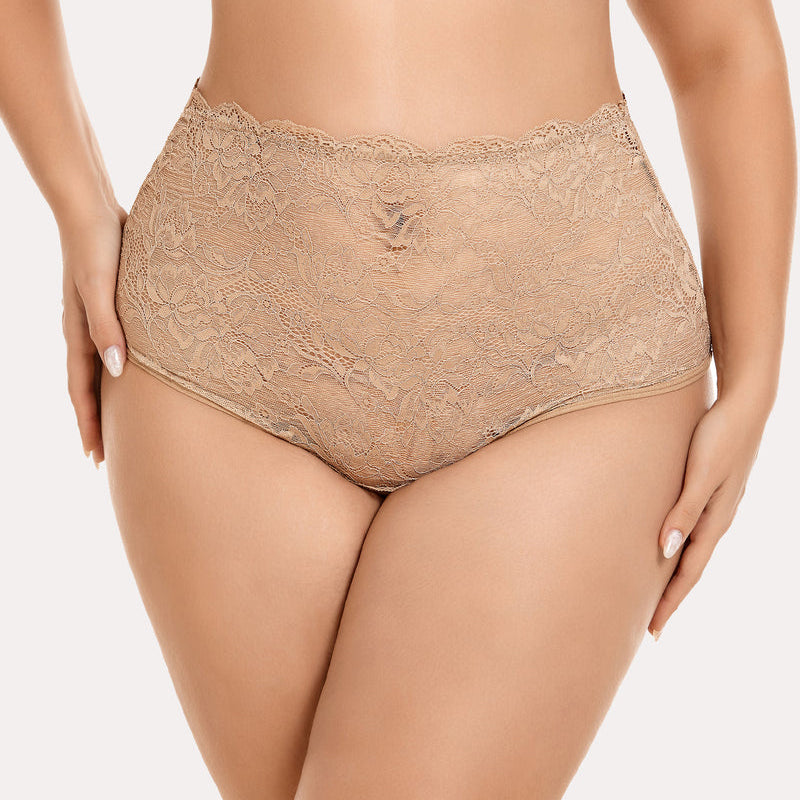 Beige lace high-waisted hipster panties. Semi-sheer floral, comfortable women's lingerie, Avidlove.