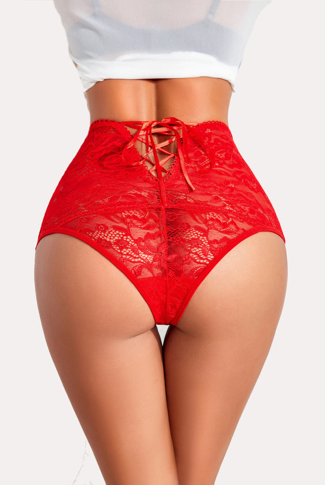 Red lace high-waisted hipster panties, semi-sheer floral design, ribbon back, comfortable lingerie