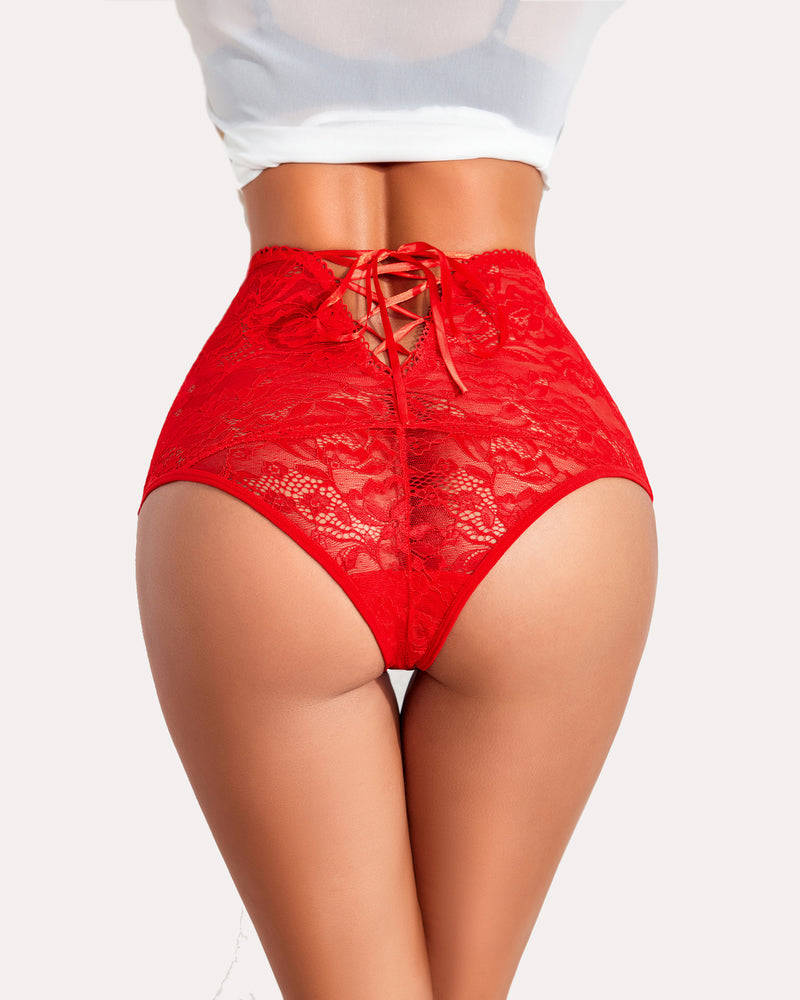 Red lace high-waisted hipster panties, semi-sheer floral design, ribbon back, comfortable lingerie