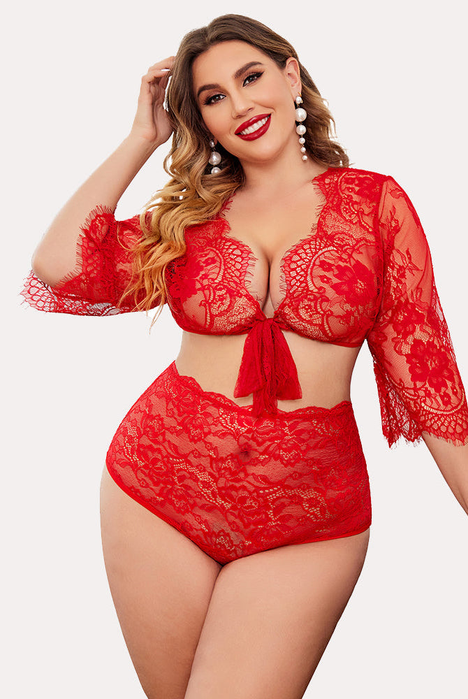 Red lace high-waisted lingerie set, semi-sheer floral design, Avidlove brand, matching crop top