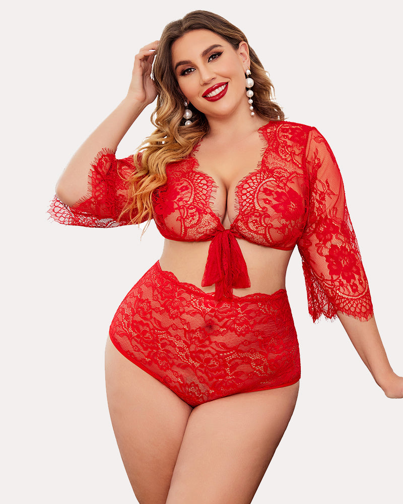 Red lace high-waisted lingerie set, semi-sheer floral design, Avidlove brand, matching crop top