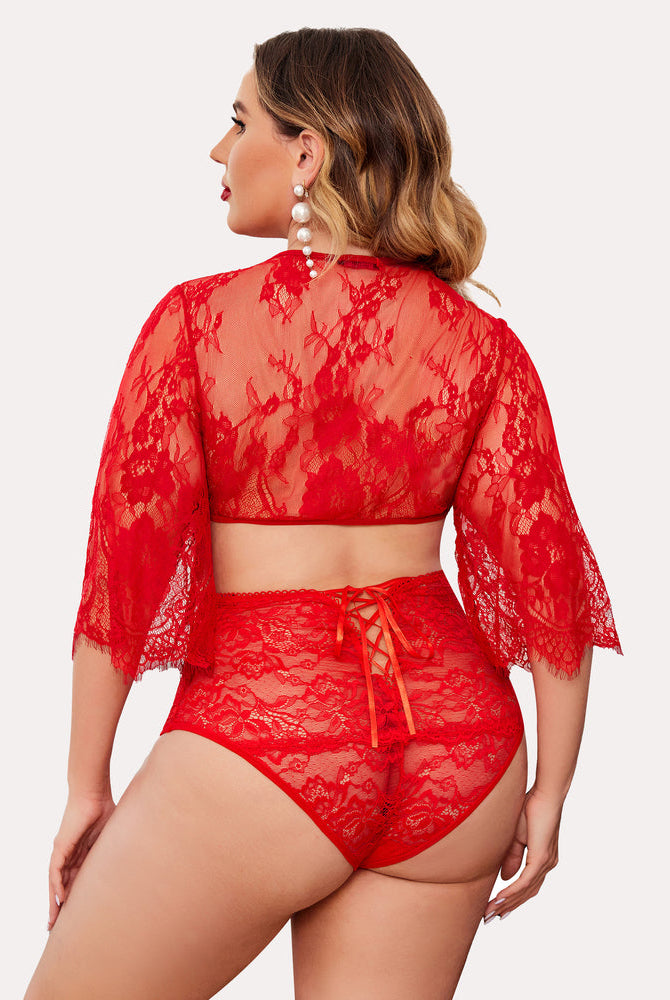 Red lace high-waisted hipster panties with ribbon back, matching crop top, semi-sheer floral design.