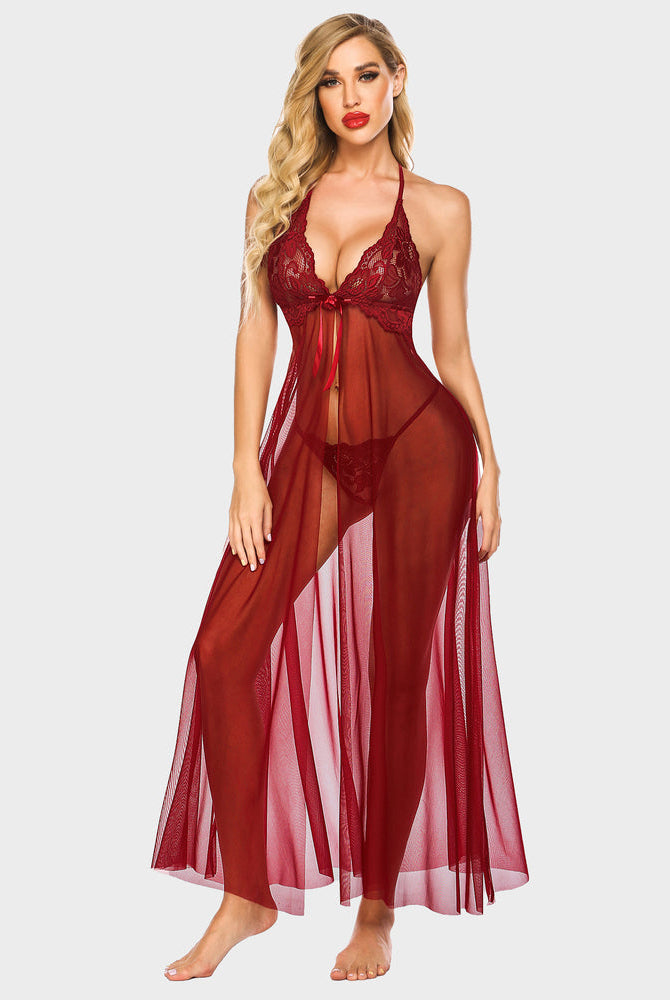 Red sheer mesh gown with floral lace and high slit, lingerie set for elegant look.