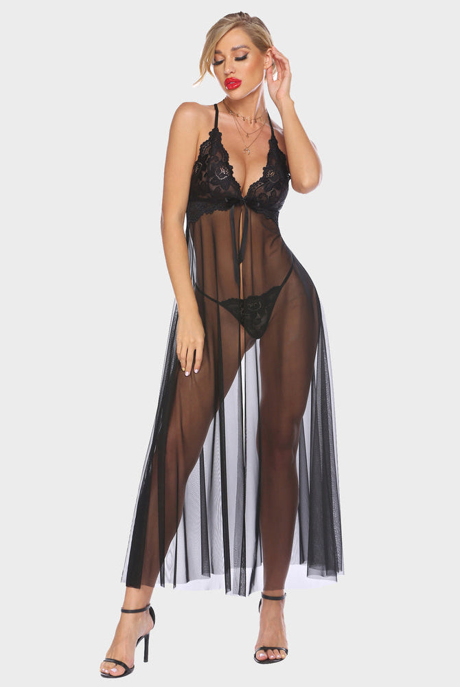 Black lace-trim mesh maxi gown with plunging V neckline and high side split