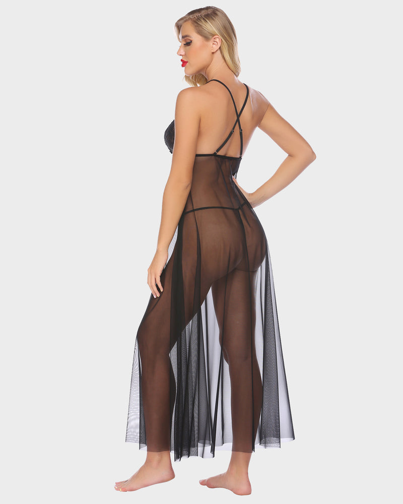 Black sheer maxi gown lingerie with lace cups and high slit, sexy long dress for women