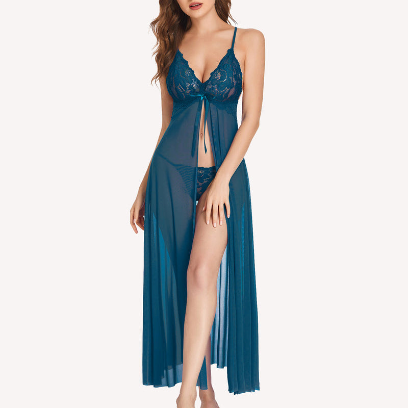 Maxi long gown dress in teal, lace-trim bust with tie, open high-leg slit, spaghetti straps