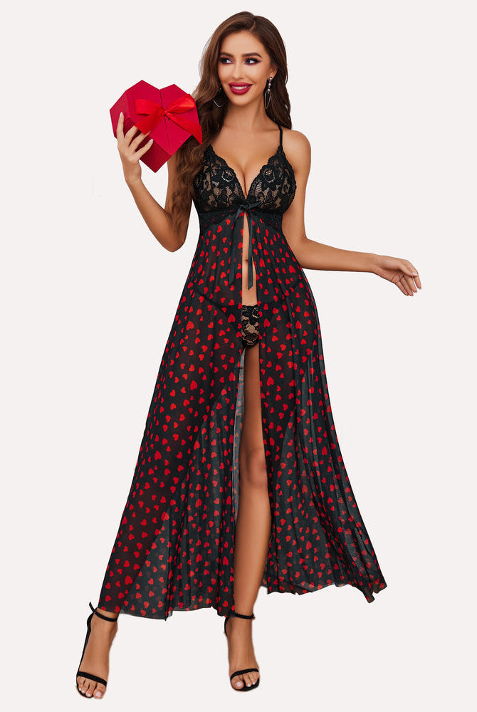 Maxi long gown dress in black with red heart print, lace bodice, high-leg slit, tie front