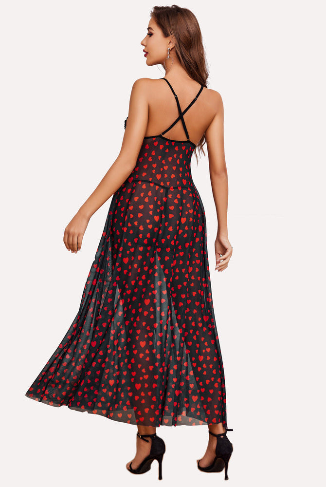 Maxi long gown dress in black with red heart print, open back straps, high-leg slit