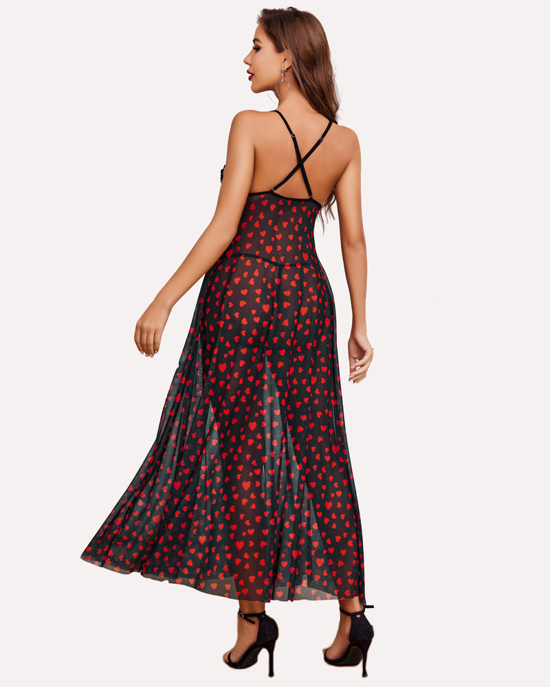 Heart print sheer maxi gown lingerie with lace cups and high slit. Sexy long dress for women.