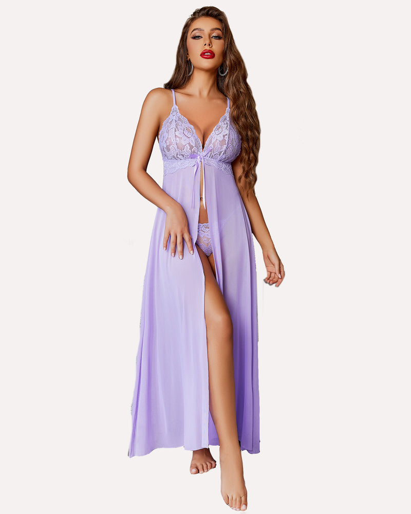 Purple lace lingerie gown with high slit and G-string set. Perfect for romantic nights at Avidlove