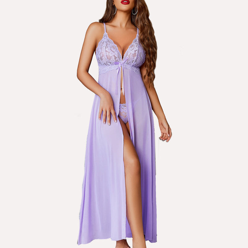 Maxi long gown dress in lilac sheer fabric with lace bodice and bow, high slit