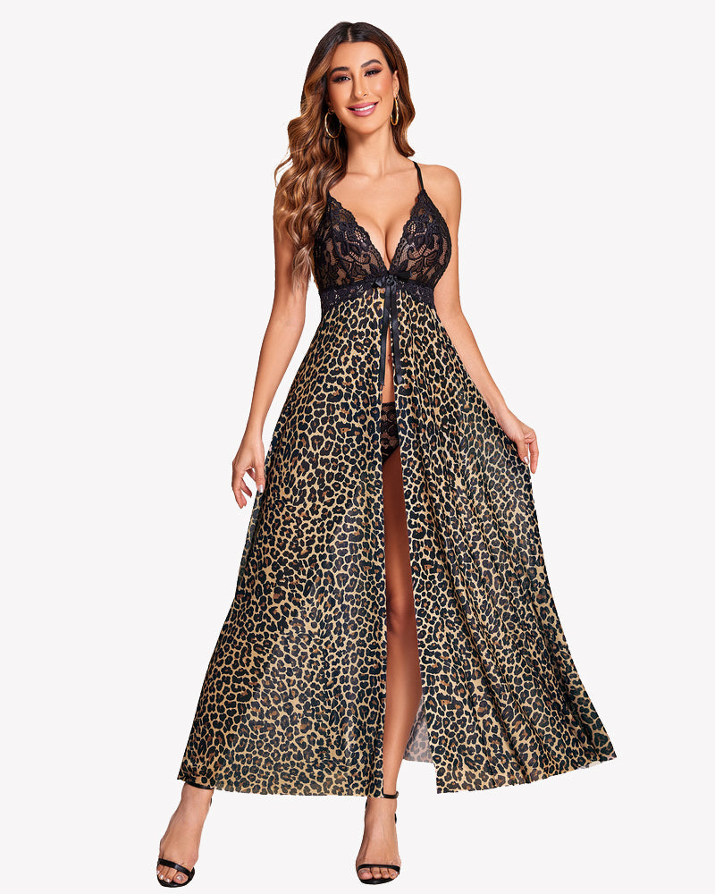 Leopard print maxi gown with black lace, high slit, part of Avidlove's sexy lingerie.