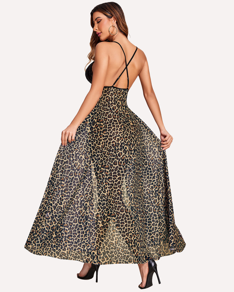 Leopard print maxi gown lingerie with high slit and lace cups. Sexy lingerie for women.