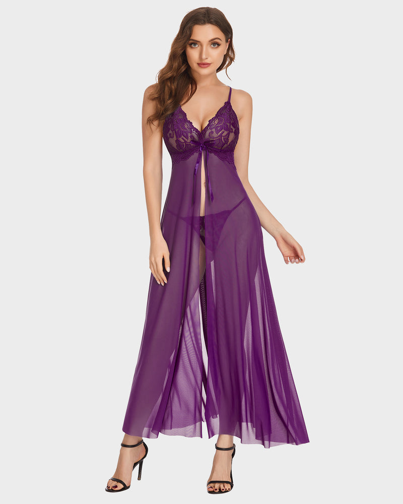 Purple lace lingerie gown with high slit. Avidlove design, perfect for romantic nights.