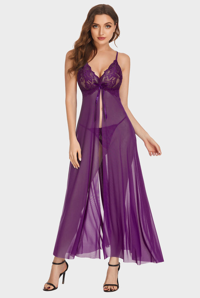 Purple lace-trim sheer maxi gown with V-neck bodice and high leg split