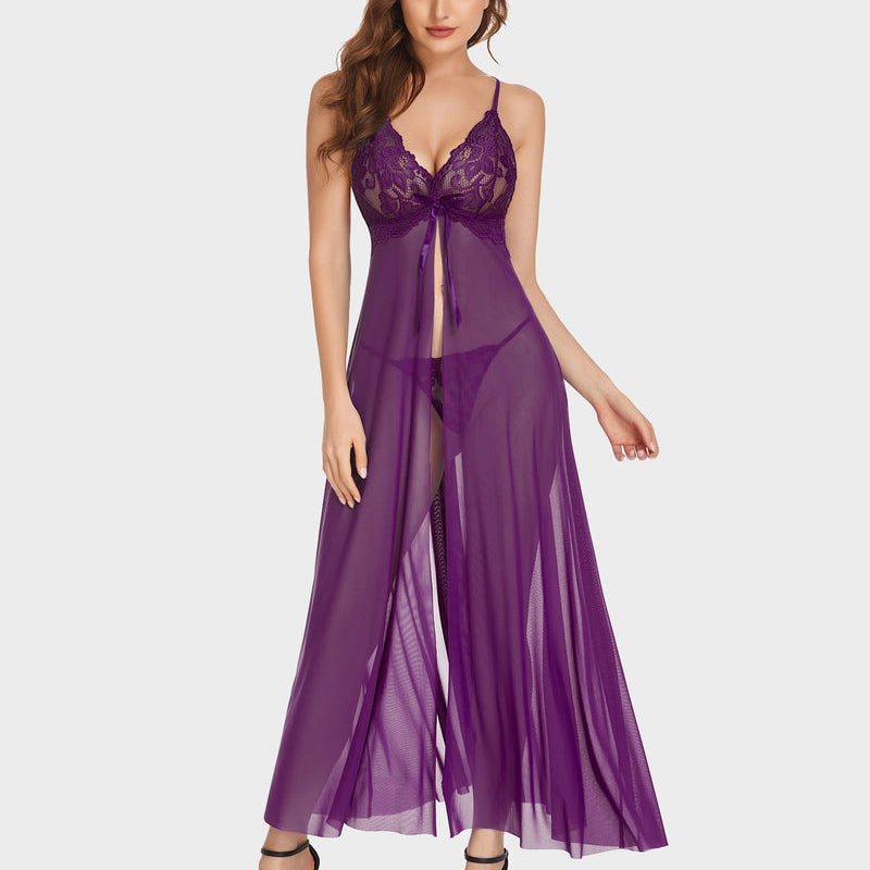 Purple lace-trim sheer maxi gown with V-neck bodice and high leg split