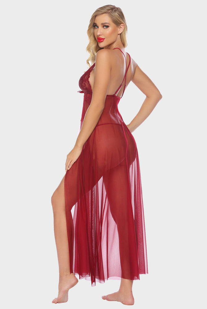 Wine red sheer maxi gown with lace back and high leg split, thin straps