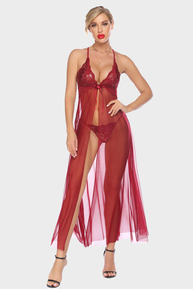 Burgundy sheer maxi gown lingerie set with lace cups, high slit, and G-string, Avidlove design.