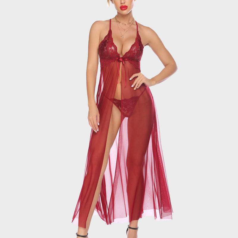 Burgundy sheer mesh high-slit gown and lingerie set with floral lace, confident style.