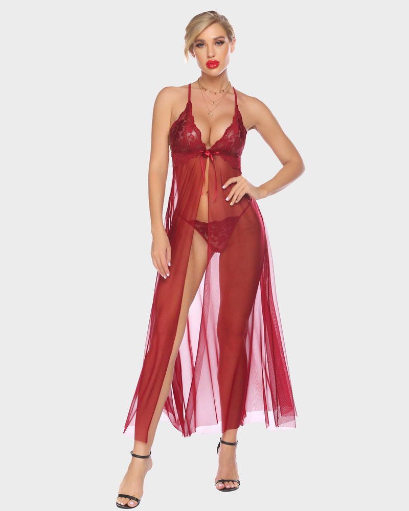 Burgundy sheer mesh high-slit gown and lingerie set with floral lace, confident style.