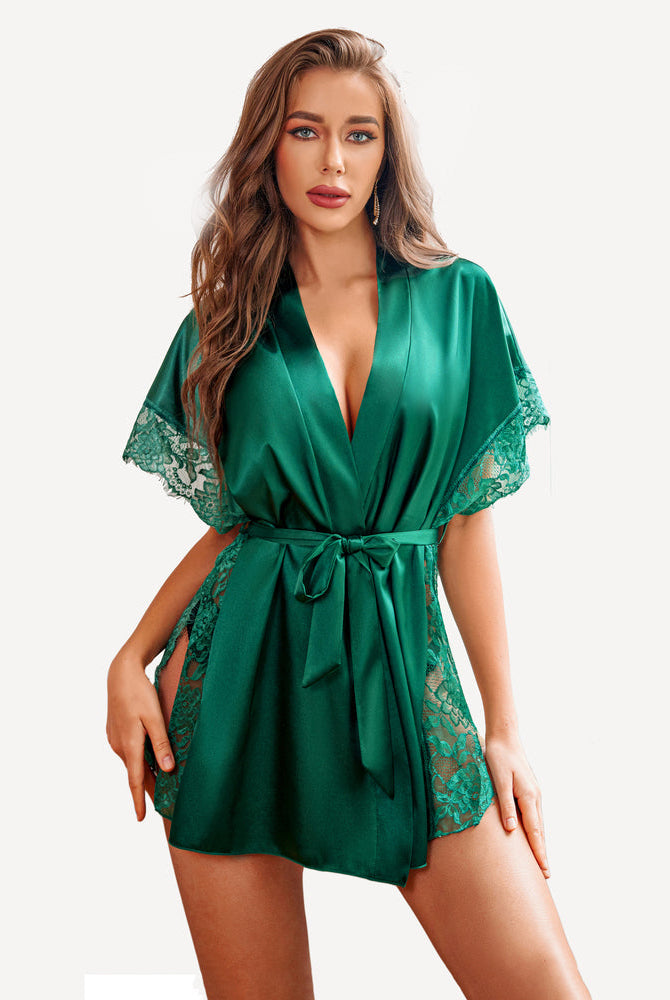 Emerald green satin kimono robe with eyelash lace trim, waist tie, and side split, elegant lingerie