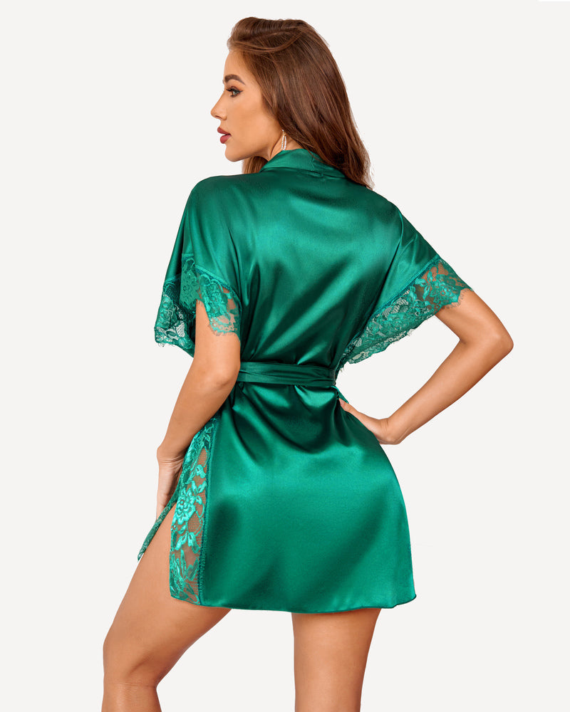 Emerald green satin sleepwear robe with eyelash lace trim and side split, luxurious design