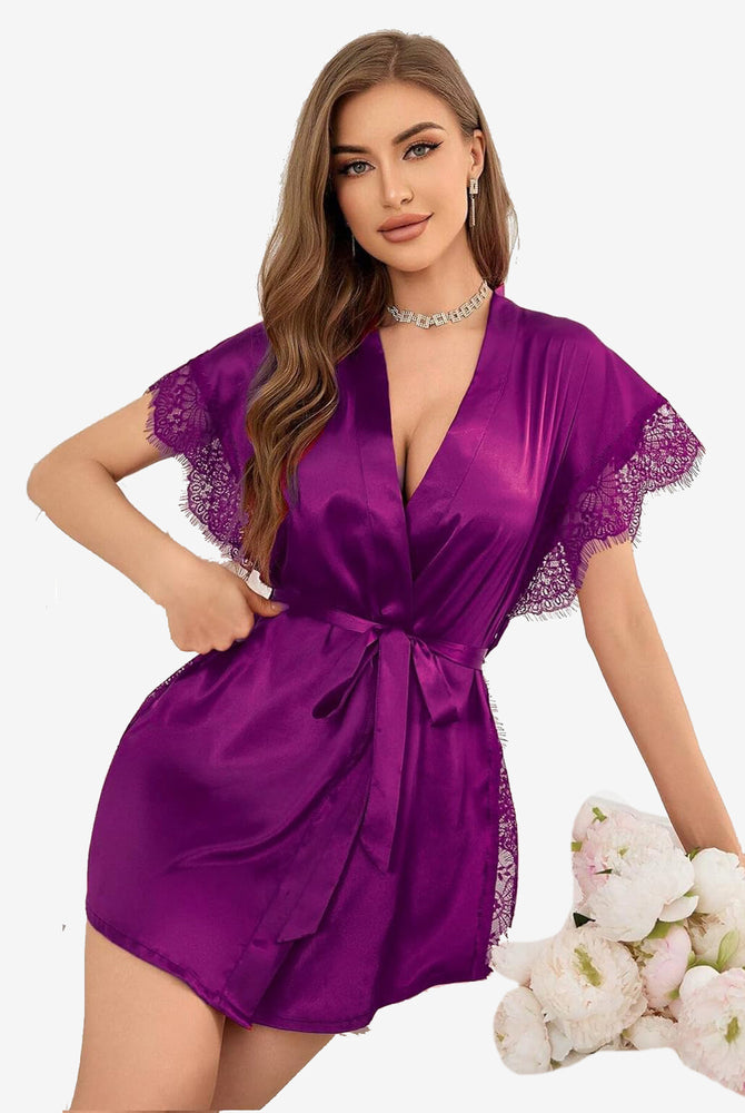 Purple satin sleepwear robe with eyelash lace trim and side split, luxurious design for women.