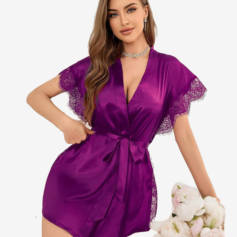 Purple satin sleepwear robe with eyelash lace trim and side split, luxurious design for women.
