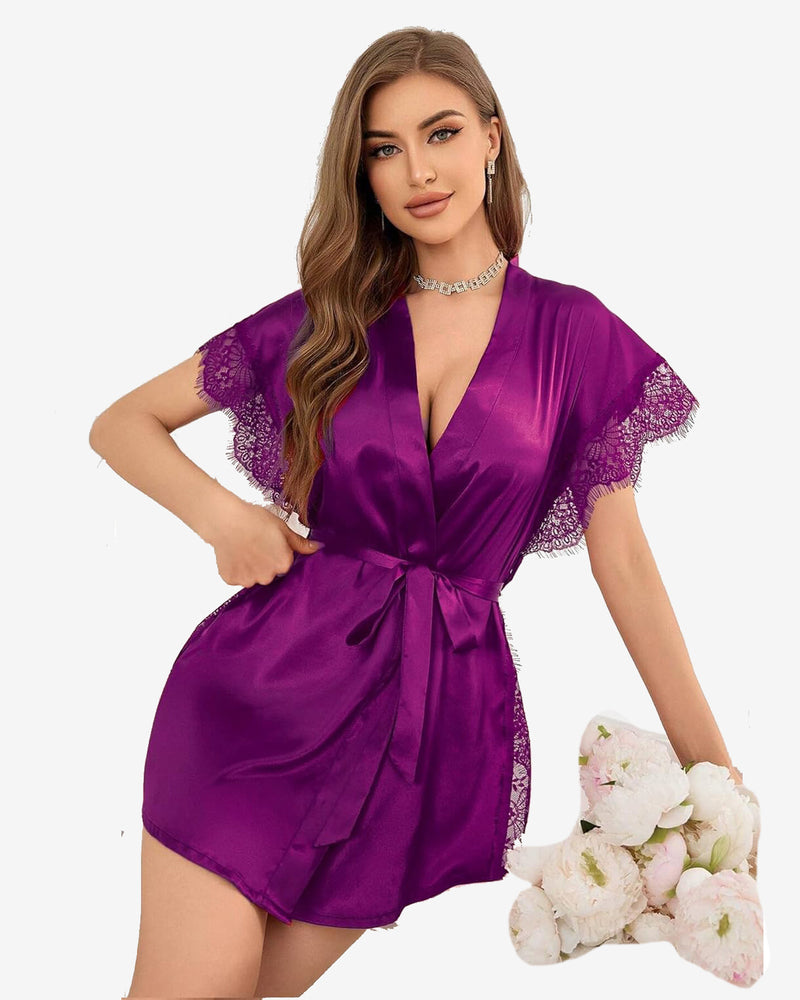 Purple satin sleepwear robe with eyelash lace trim and side split, luxurious design for women.