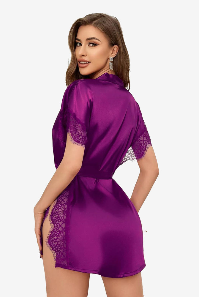 Purple satin sleepwear robe with eyelash lace trim and side split, luxurious design