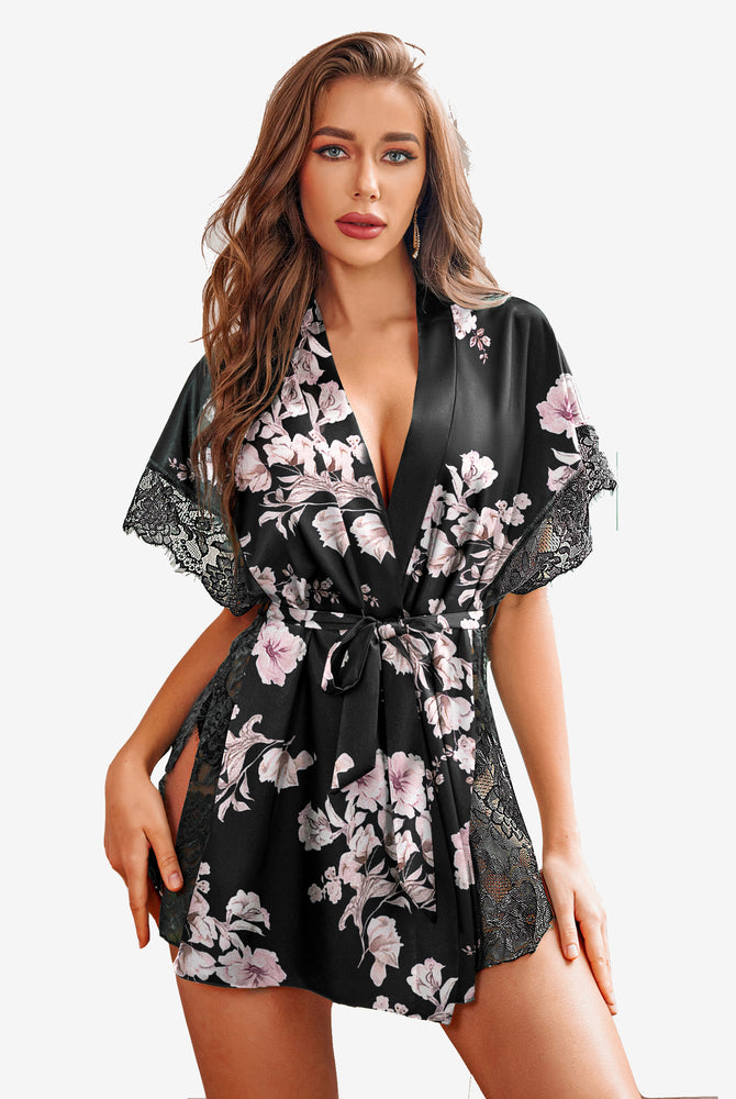 Satin eyelash sleepwear robe with floral print, side split, a comfortable and luxurious design.